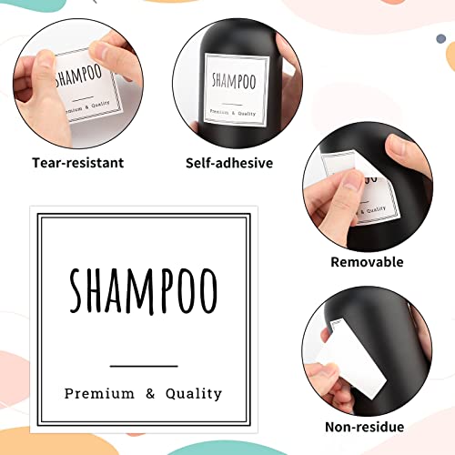 Image of Segbeauty Waterproof Labels for Bottles, 18pcs Shampoo Conditioner White Label Stickers, Removable Self-Adhesive Soap Dispenser Stickers for Bathroom Kitchen Washstand Dresser Plastic Glass Bottle