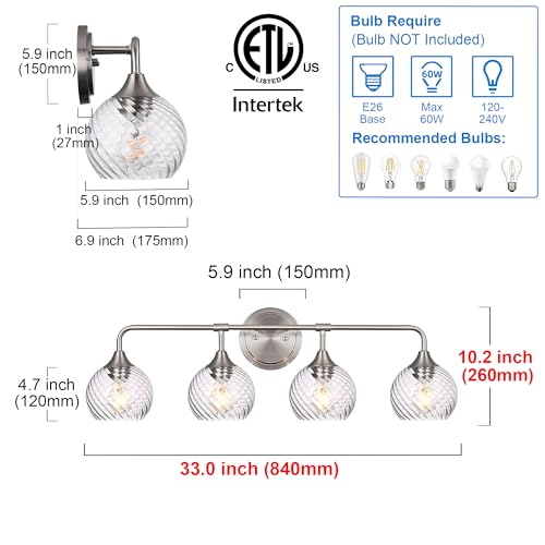 Image of MELUCEE Bathroom Vanity Light Brushed Nickel 4 Lights with Clear Striped Swirl Glass Shade, 33 inch Vanity Lighting Fixtures Over Mirror Modern Bathroom Wall Lights for Powder Room Kitchen Foyer
