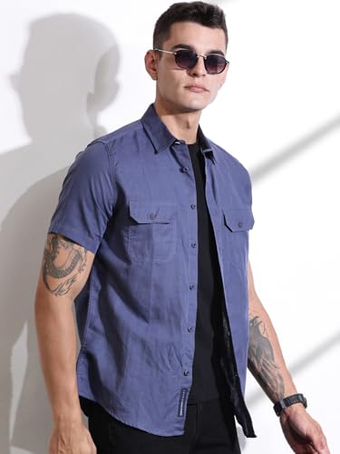 Image of Thomas Scott Men's | Solid | Half Sleeve | Slim Fit | Linen Blend | Double Flap Pocket | Spread Collar | Casual Shirt for Men