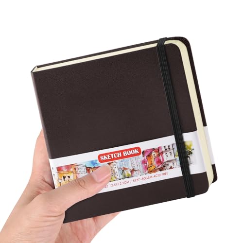 Image of 5x5 Pocket Sketch Book,80gsm Hardcover Art Sketchbook for Drawing Journal | PU Cover,Blank Paper,96Sheets /192Pages,Lay-Flat,Portable Travel Creation Paint Diary Memo Planner,Dry Media.Dark Brown