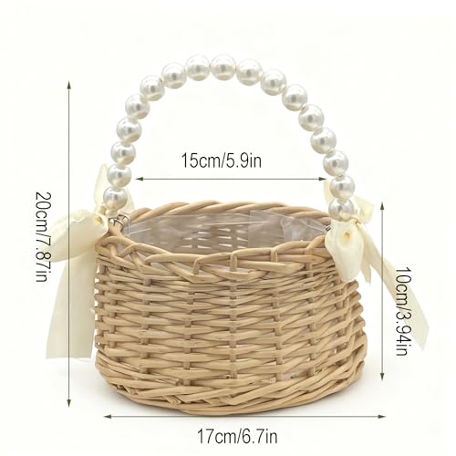 Wicker Rattan Flower Girl Basket with Pearl Handle, Satin Bowknot Flower Basket, Wedding Flower Girl Basket and Home Decorations