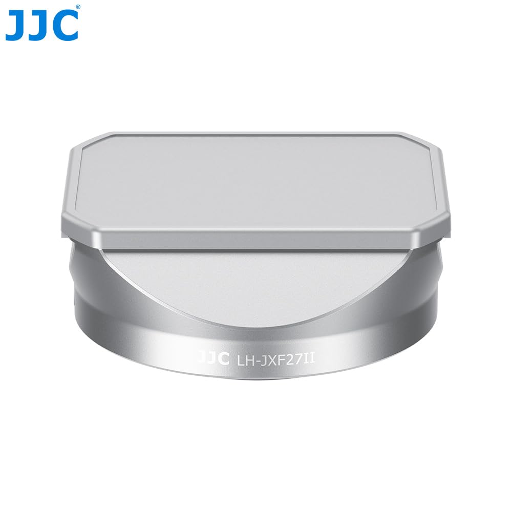 JJC Metalowa kwadratowa osłona obiektywu do FUJIFILM XF 23 mm F2.8 R WR Fuji XF27mm F2.8, osłona przeciwsłoneczna obiektywu aparatu z osłoną maski, zastępuje oryginalny Fujifilm LH-XF27, srebrna