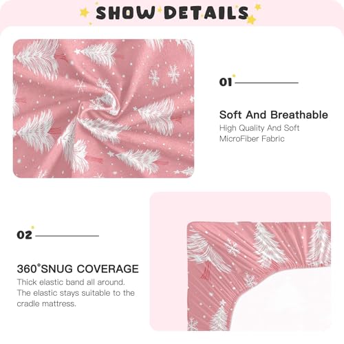 Image of Christmas Pinks Trees Snowflakes Crib Sheets Soft Breathable Fitted Baby Crib Sheets Mattress Cover for Girls Boys, 52 inch x 28 inch x 9 inch