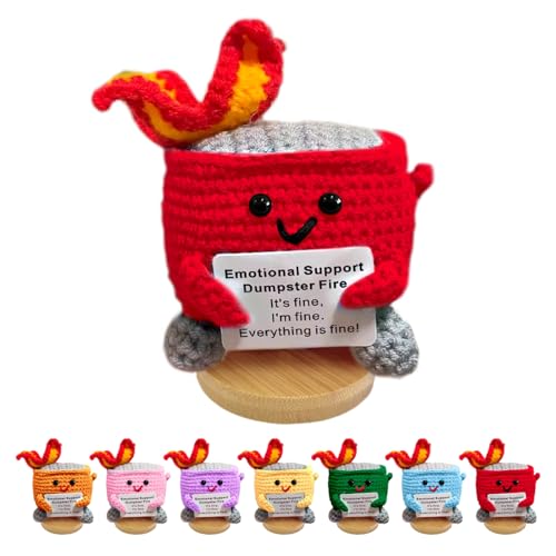 Image of Emotional Support Dumpster Fire - Positive Crochet Birthday Easter Basket Stuffers Essentials Gift for Women Men Girls Coworker Friend, Handmade Knitted Doll for Home Office Accessories Decor (Red)