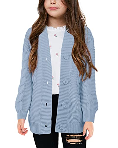 Image of Apbondy Girls Cable Knit Cardigans Button Down Long Sleeve Chunky Sweater Outerwear Blue