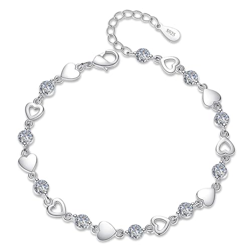 Sterling Silver Love Heart Bracelet for Women - 925 Silver Shiny Crystal Diamond Adjustable Charm Bracelet for Girls - Ladies Jewellery