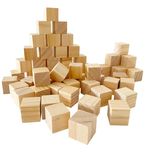 LONZIKP 50 Piezas Cubos de Madera Pequeños Cubos de Madera en Blanco DIY Bloques de Madera Cubos de Madera para Manualidades Cubos de Madera para Pintar Artesanía Decoración Números (20mm) (Natural)