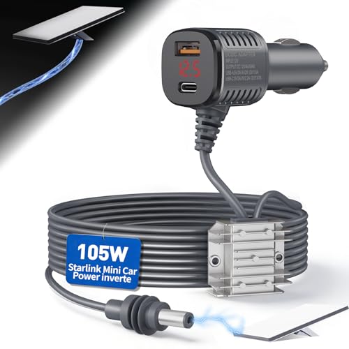 Starlink Mini Car Adapter 105w Stable Boost Starlink Mini Cable with Digital Display DC Power Cable Cigarette Lighter Adapter Supports 30w Charging Usb Port Applicable to Cars, Rvs, and Boats (6.5FT)