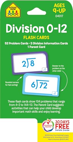 School Zone - Division 0-12 Flash Cards - Ages 9 and Up, 3rd Grade, 4th Grade, Math Equations, Division Practice, Dividends, Numbers 0-12, and More