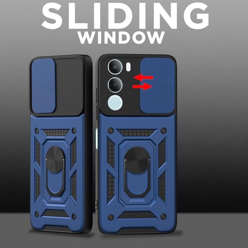 Image of Pikkme Back Cover for Vivo Y29 5G / Vivo Y19s 5G | 360 Protection Case | Sliding Camera Shield Cover & Ring Holder Stand D10 Tough Armor Bumper Case (Blue)