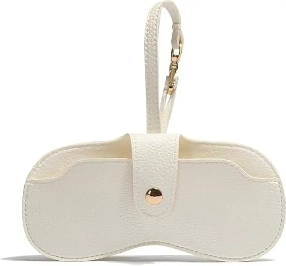 Portable Ivory White Soft Leather Sunglasses Case with Keychain Hook, Slim Lightweight Pouch with Metal Snap Closure for Eyewear Storage