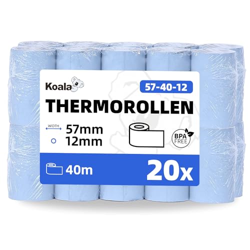 Koala Thermorollen 57mm x 40m x 12mm (20 Stück) - Kassenrollen - 57mm Thermo für Registrierkasse - Bonrollen Thermo 57mm für Bondrucker - Thermopapier – BPA Frei