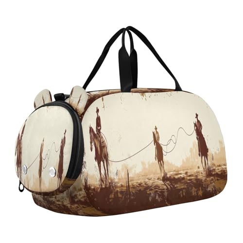 YETTASBIN Sport Travel Duffel Bag for Girls Boys, Vintage Cowboy Large Waterproof Weekender Overnight Bag, Detachable Shoulder Strap Gym Bag with Shoe Compartment & Wet Pocket