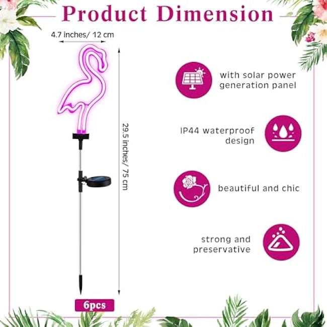 Retisee 6 Pcs Flamingo Solar Stake Lights Pink Flamingo Outdoor Lights Bulk Neon Lights Decoration LED Solar Powered Lighting for Lawn, Garden, Flower Bed, Yard, Pathway