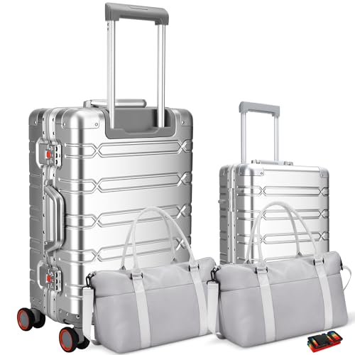 WEICHEN Aluminum Luggage Set 20+29 Inch Large Luggages with 2 Duffle Bags, Large Travel Suitcase with Wheels, Heavy Duty Checked Luggage with TSA Lock