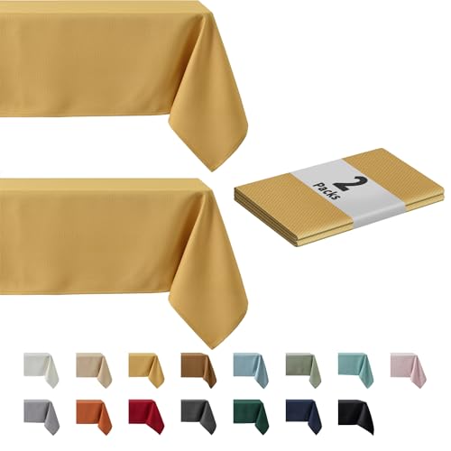 Image of maxmill 2 Pack 60 x 84 Inch Ochre Yellow Textured Rectangle Tablecloth Water Resistant Wrinkle Free Spillproof, Soft Jacquard Table Cloth for Banquet Parties Holiday Dinner, Indoor and Outdoor Use