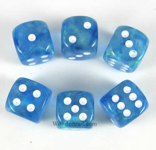 Wondertrail Sky Blue Borealis with White Pips 16mm D6 Dice Set of 6 WCX27626E6