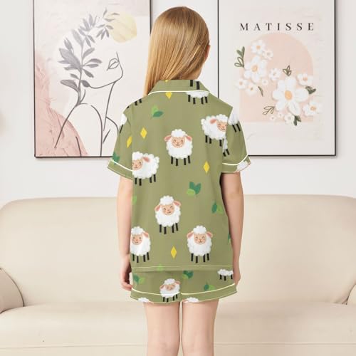 Satin Pajama Sets Short Sleeve Sheep Pattern with Leaves Button Down Silky Nightwear 2 Piece PJS 5-14Y4