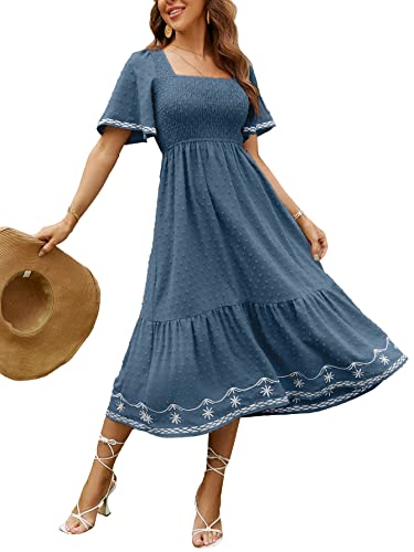 Glamaker Women's Short Sleeve Smocked Square Neck A Line Summer Flowy Midi Dress Dark Blue Medium