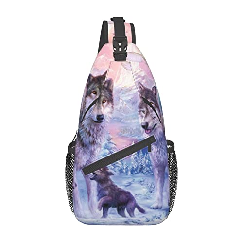 Winter Wolf Family Printed Sling Shoulder Bags for Men Women Crossbody Backpack Hiking Sports Chest Pack School Bag