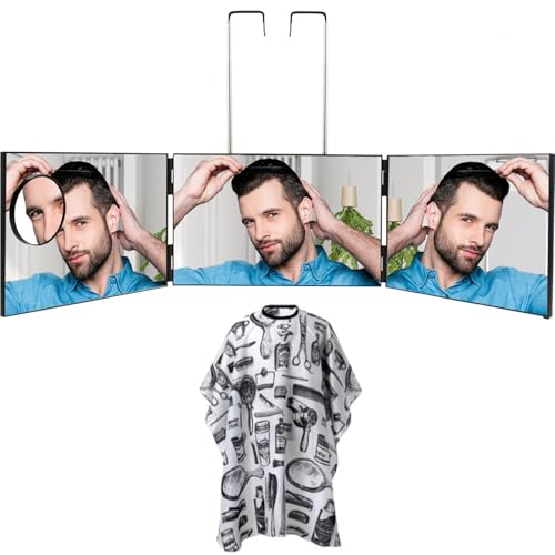 Feisate 三面鏡 セルフカット 散髪鏡 壁掛け 折りたたみ式 高さ調整可能 ヘアカット メイク鏡 理容ケープ＋小さな鏡付属 髪型 後ろが見える コンパクト 収納 旅行用 (ブラック)