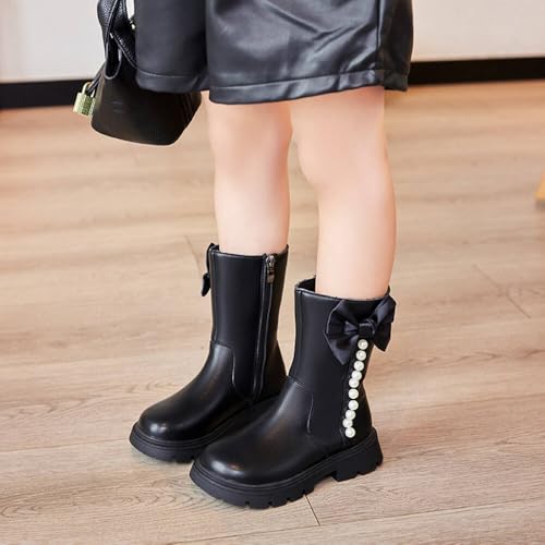 Little Girls Fashion Fall Winter Mid-Calf Leather Boots Waterproof Bowknot Pearls Side Zipper Princess Dress Booties Girls Riding Cowboy Boots2
