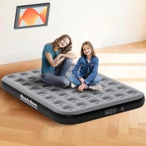 Queen Air Mattress with Built in Pump, Heavy Duty Blow Up Mattress with Electric Pump, Colchon Plug in Self Inflatable Air Bed for Home, Guest and Rental House, 10 Inches Thick Grey.