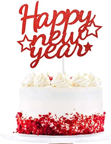 Red Happy New Year Cake Topper Glitter Chinese New Year Decoration Star Happy Holidays Cake Topper Party Centerpiece Supplies