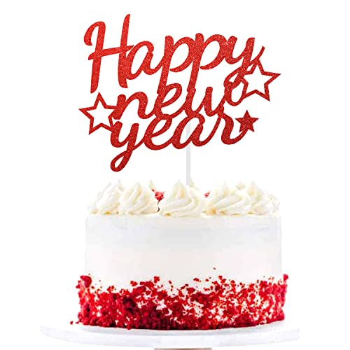 Red Happy New Year Cake Topper Glitter Chinese New Year Decoration Star Happy Holidays Cake Topper Party Centerpiece Supplies #TOP19