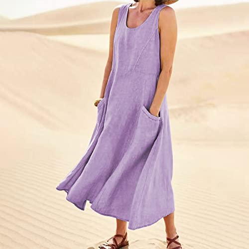 Plus Size Cotton Linen Summer Dresses for Curvy Women 2025 Sleeveless Maxi Vacation Beach Sundresses with Pockets
