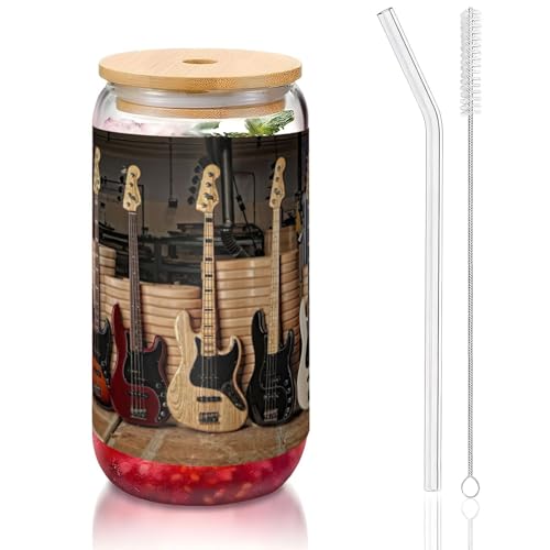 Vasos de agua con tapa y popote, para guitarra, bajo, música, instrumentos musicales, impresión, 473 ml, vasos de agua para jugo, cerveza, café, té