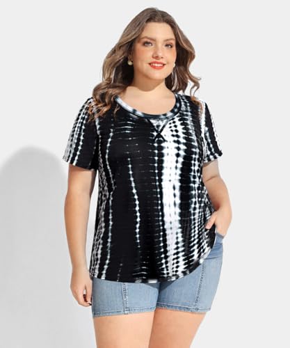 Image of CARCOS Plus Size Tops for Women Short Sleeve Shirt Summer Star /Leopard /Tie Dye /Flower Crewneck Pullover Tunic XL-5XL
