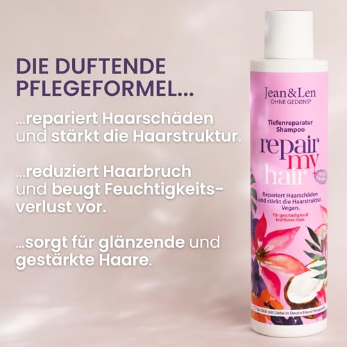 Jean & Len Shampoo Repair Kokosöl & Macadamia, für geschädigtes & kraftloses Haar, beugt Feuchtigkeitsverlust vor, repariert Haarschäden, Kokos-Duft, ohne Parabene & Silikone, vegan 300 ml