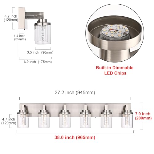 MELUCEE 6-Light LED Bathroom Light Fixtures, Modern Brushed Nickel Bubble Crystal Vanity Lights with Clear Glass Shade, Dimmable 5CCT Wall Sconce Lamp for Bathroom Restroom, Built-in Led Chips by MELUCEE - Image 5