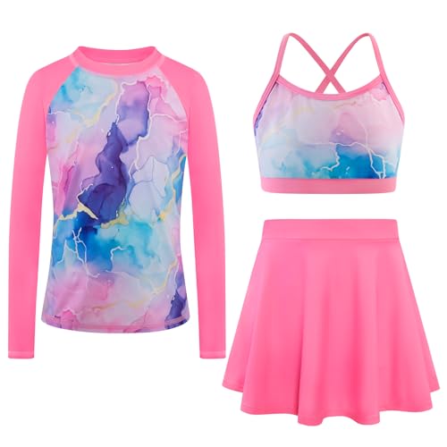 Image of Girls Swimsuit Long Sleeve Swim Shirt 3 Piece Rash Guard for Girls Bathing Suit with Boyshorts