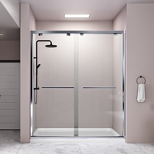 Delavin 57-59 In. W X 75 In. H Semi-Frameless Shower Door, Double Sliding Shower Door With Two Handles, Clear Tempered Glass Shower Door With Explosion-Proof Film, Stainless Steel Hardware, Waterproof #TOP1