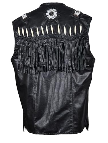 Image of Men's Western Cowhide Suede & Leather Vest - Beaded Fringe Yoke & Back Native-Inspired Cowboy Biker Vest