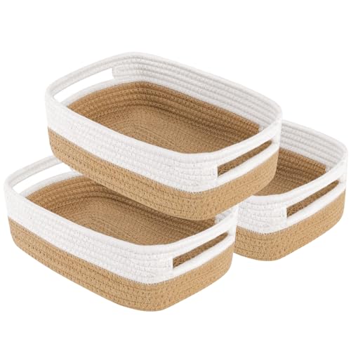 Image of Small Basket with Gift Bags and Ribbons,Small Woven Basket Cute Oval Cotton Rope Gifts with Handle Empty Baby Wicker Storage Basket for Baby Showers Pet Toy Bin (White brown, 3 Pack (12 inchx 8 inchx 5 inch))