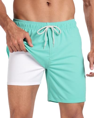Image of Mens Swim Trunks with Compression Liner 2 in 1 Quick Dry Swimming Shorts Swimwear Bathing Suits with Pockets
