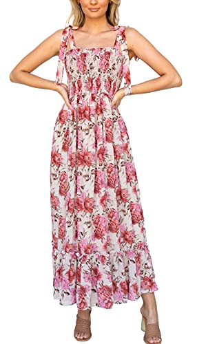 Image of Imily Bela Womens Summer Floral Maxi Dress Boho Tie Strap Sleeveless Smocked A Line Beach Sundress Long Dresses