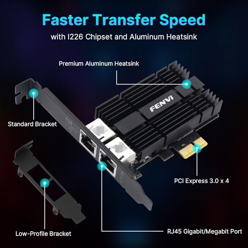 Image of FENVI Dual Port 2.5G Ethernet Card with Intel I226 Chip, PCIe Network Adapter 2500Mbps NIC for Gaming PC, Server, Desktop Computer - Compatible with Windows 10 /11, Mac OS, Linux