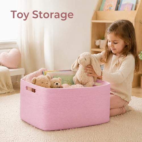 Image of Cotton Rope Laundry Basket Extra Large, 22.8GAL Collapsible Woven Storage Baskets for Living Room Kids Toys Stuffed Animal,Boho Rectangular Decorative Hamper for Dirty Clothes, Blankets Light Pink
