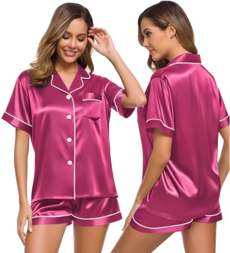 Image of SWOMOG Womens Silk Satin Pajamas Set Short Sleeve Sleepwear Button Down Top and Shorts Loungewear 2 Piece Pjs Set XS-3XL