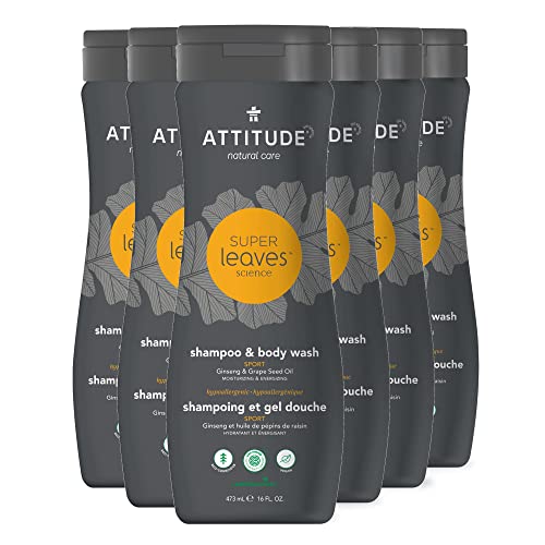 ATTITUDE 2-in-1 Shampoo and Body Wash, Plant & Mineral Based Ingredients, Vegan & Cruelty-free Beauty and Personal Care Products, Ginseng & Grapeseed Oil, 16 Fl Oz (Pack of 6)