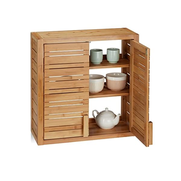 Relaxdays hangkast van bamboe, 2 deuren, legplanken, HBD 56,5 x 56 x 21 cm, muurkast badkamer, kleine wandkast, naturel