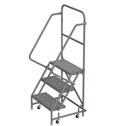 Image of Tri-Arc KDSR103246 3-Step Steel Rolling Industrial and Warehouse Ladder with Handrails and 24 inch Wide Perforated Tread