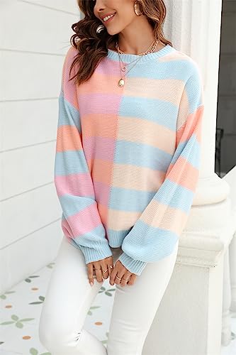 Image of chouyatou Women's Casual Crew Neck Color Block Striped Patchwork Knitted Pullover Sweater Tops