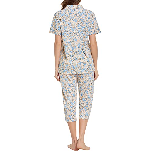Image of Tugege Capri Pajamas Set Womens Button Down Short Sleeve Lounge Sets Sleepwear Notch Collar Top & Capri 2 Piece PJ Sets