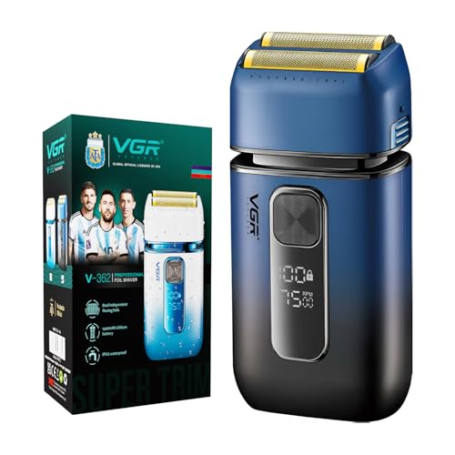 VGR V-362 SUPER TRIM Foil Shaver for Men | Titanium Dual Foils | 2 Speeds (7000/7500 RPM) | IPX-6 Waterproof | Rechargeable | LED Display | Travel Lock with 2 Year Warranty (Blue, Black)