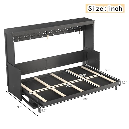 Image of KEIKI Full Size Horizontal Cabinet Murphy Bed with Desk & USB Charging Station, Foldable Hideaway Wall Bed Frame with Solid Slats, No Box Spring Needed, Easy Assembly, for Bedroom, Guest Room, Gray